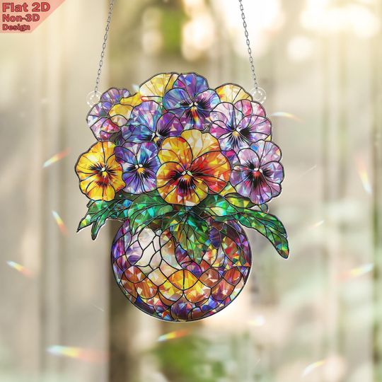 Discover Broken Glass Hologram Pansy Flower Sun Catcher, 2D Flat Floral Window Hanging