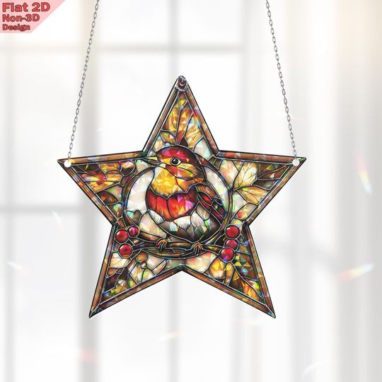 Discover Broken Glass Hologram Robin Bird Star Sun Catcher, 2D Flat Window Hanging