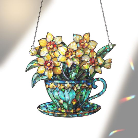 Discover Acrylic 2D Flat Daffodil Teacup Window Hanging, Broken Glass Hologram Suncatcher, Floral Decor, Spring Light Catcher, Gift for Gardeners