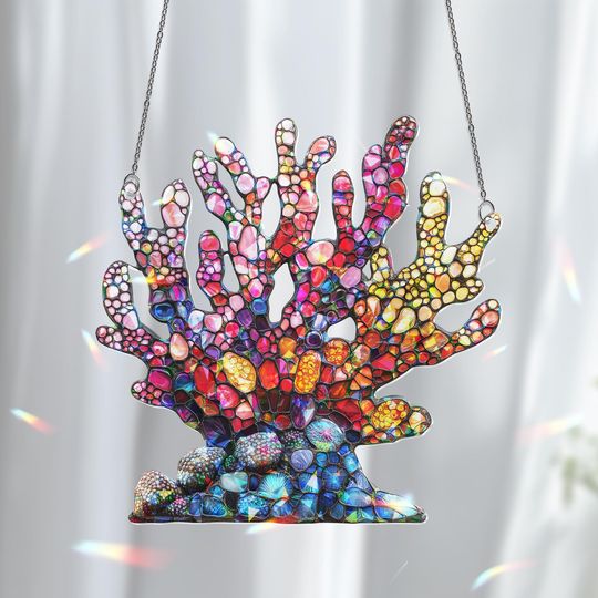 Discover Acrylic 2D Flat Coral Reef Window Hanging, Broken Glass Hologram Light Catcher, Colorful Ocean Decor, Vibrant Nature Inspired Gift