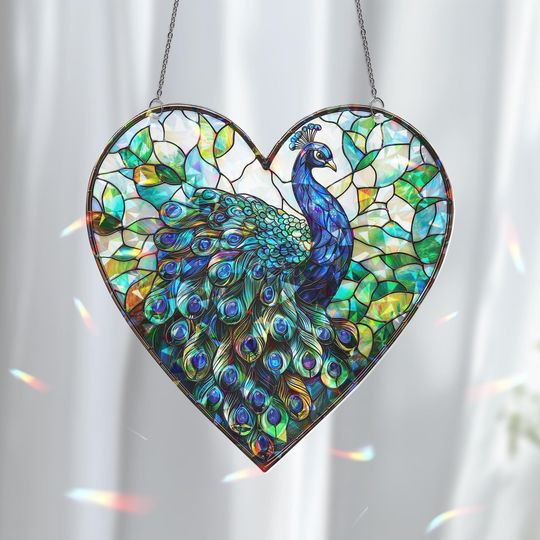 Discover Acrylic 2D Flat Peacock Heart Window Hanging, Broken Glass Hologram Light Catcher, Colorful Bird Decor, Elegant Nature Gift, Birthday Gift