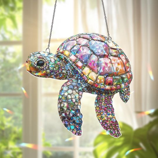 Discover 2D Flat Colorful Turtle Window Hanging, Sea Animal Broken Glass Hologram Light Catcher