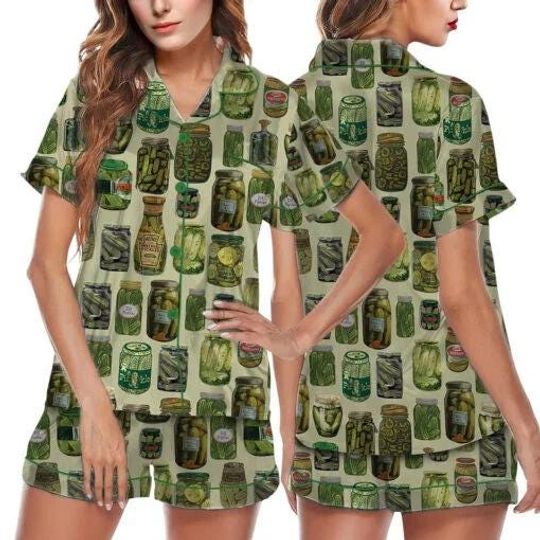 Discover Dill Pickle Collage Satin Pajama Set For Women