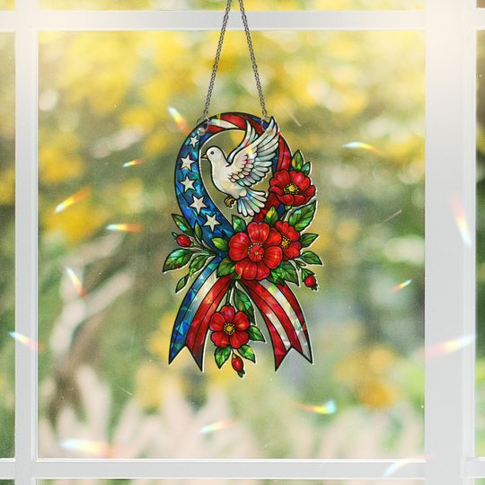 Discover Patriotic Ribbon Dove Hologram Acrylic Window Hanging | Memorial Day Decor