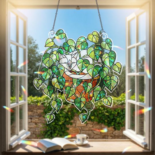 Discover Siamese Cat Sleeping in Porthos Leaves Plant Hologram Ornament