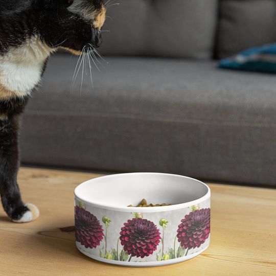 Discover Dark Red Dahlia Floral Pattern Pet Bowl
