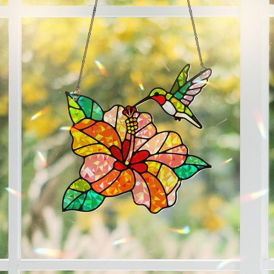 Discover Hummingbird Acrylic Window Hanging Ornament, Hibiscus Flower Decor