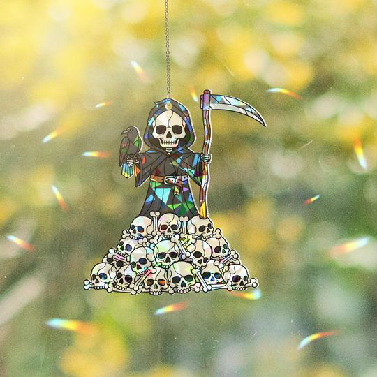 Discover Grim Reaper Skull Pile Sun Catcher, Gothic Macabre Window Prism