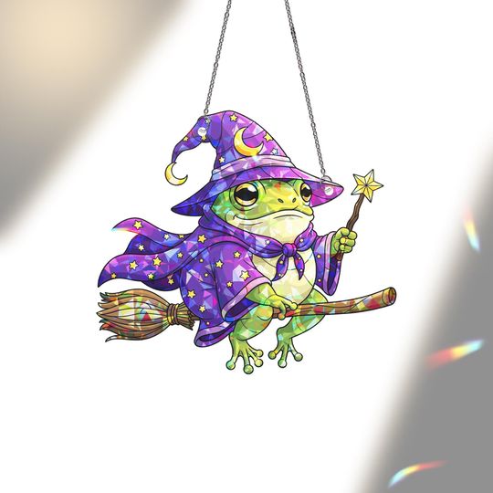 Discover Witch Frog Suncatcher, Stained Glass Effect Wizard Toad Window Hanging
