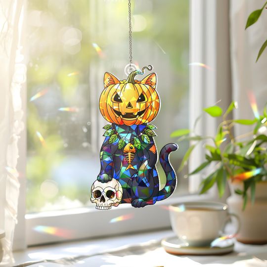 Discover Halloween Pumpkin Cat Sun Catcher, Black Cat Skull Window Decor