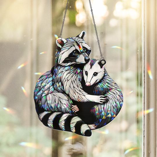 Discover Raccoon Hugging Opossum Hologram Acrylic Window Hanging, Funny Bestie Gift