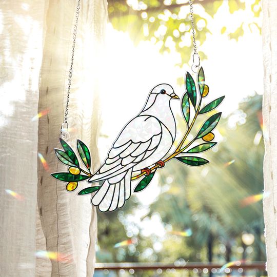Discover White Dove & Olive Branch Hologram Acrylic Window Hanging