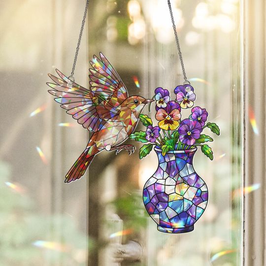 Discover Sparrow & Pansy Hologram Acrylic Window Hanging  Bird and Flower Art