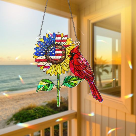 Discover Patriotic Cardinal Sunflower Hologram Decor, USA Holographic Window Decor