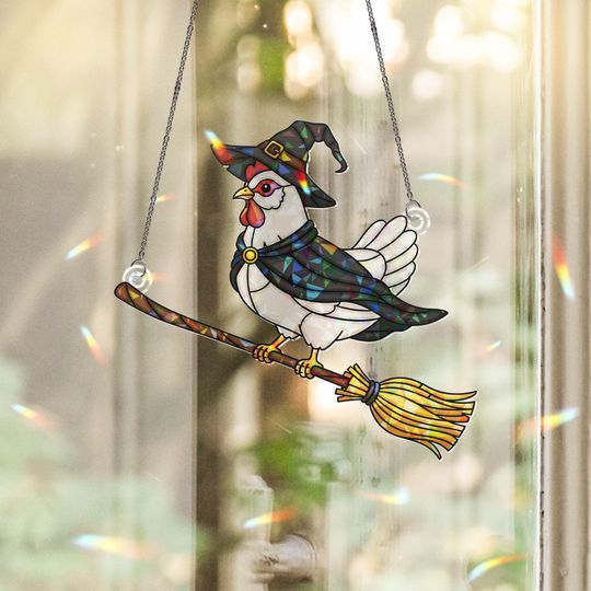 Discover Holographic Witch Chicken Window Hanging  Chicken on Broomstick Suncatcher