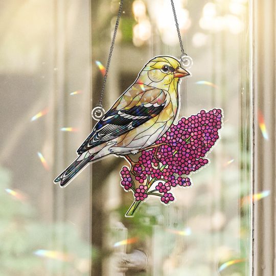 Discover Goldfinch Holographic Window Hanging  Stained Glass Bird Suncatcher with Pink Flowers, Nature Lover Gift, Spring Window Decor