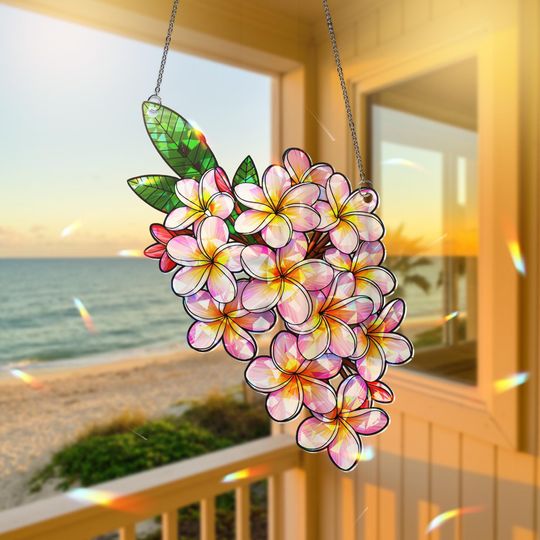 Discover Plumeria Hologram Acrylic Window Decor,  Flower Window Hanging, Boho Window Decor, Holographic Plumeria Art,Flower Lover Decor,Plumeria Gift