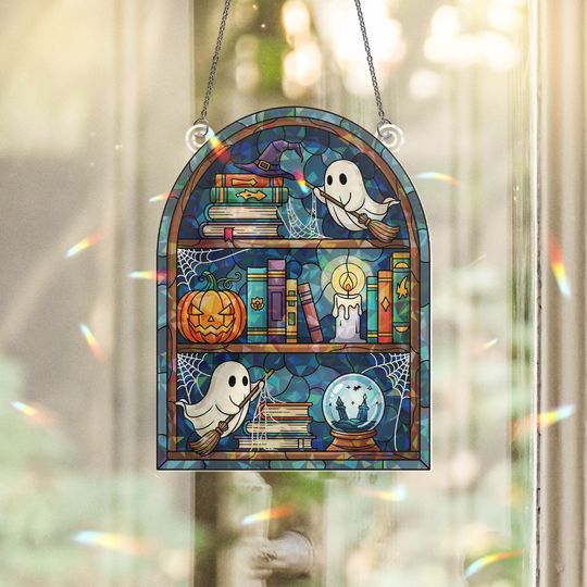 Discover Holographic Ghost Bookshelf Window Hanging  Halloween Books & Pumpkin Sun Catcher, Spooky Witchy Library Prism Decor