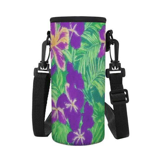 Discover Compact Blue Iris Water Bottle Carrier Sling: Floral Print Drink Holder