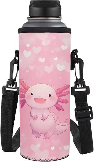 Discover Pink Heart Axolotl Water Bottle Holder Bag Reusable Insulated Cup Sleeve