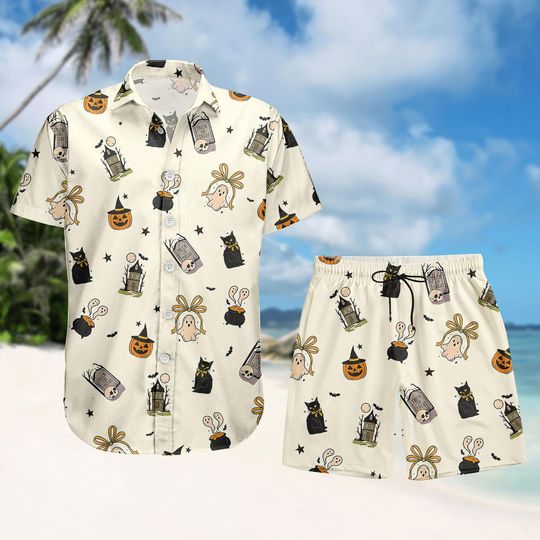 Discover Halloween Cute Ghost Pumpkin Cat Button Shirt, Men Shorts, Cute Ghost Hawaiian Shirt, Retro Ghost Holiday Shirt, Fall Spooky Cat Shirt