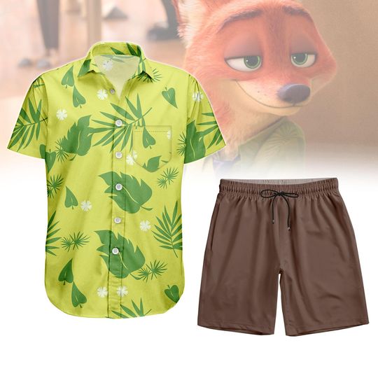 Discover Green Nick Wilde Button Shirt, Men Shorts, Disneyyy Zootopiaa Cosplay Costume, animall kingdom, Disneyyland, Halloween Disneyyworld Shirt
