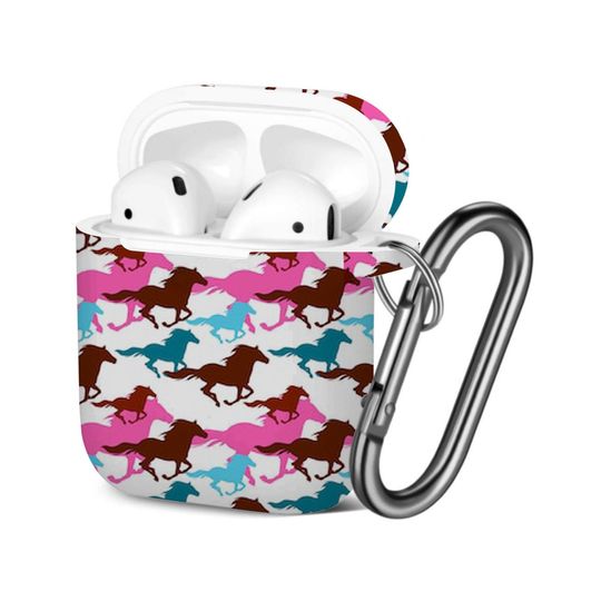 Discover AirPods Case ( 1st / 2nd Gen ), Composed Colorful Horses Print Pattern, TPU Protection Cover with Keychain.