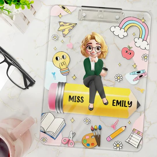 Discover 3D Effect Teacher Sitting On Pencil - Personalized Acrylic Clipboard