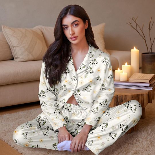 Discover Cherry Skull Satin Pajamas Set, Womens Long Sleeve Silk Sleepwear, Gothic Satin Nightwear, Cute Skull Pajamas, Halloween Pajamas Set