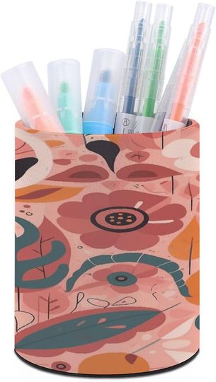 Discover Plant Elements Pattern Pen Holder Round Desktop Organizer Pencil Cup for Desk
