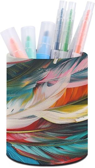 Discover Colorful Feather Pattern Pen Holder Round Desktop Organizer Pencil Cup