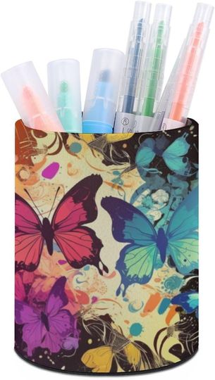 Discover Colorful Butterfly Pattern Pu Pen Holder Waterproof Makeup Brush Holder
