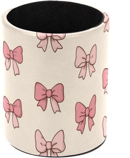 Discover PVC Leather Pen Holder for Desk, Pink Bows Ribbon Pattern Pencil Holder Cup