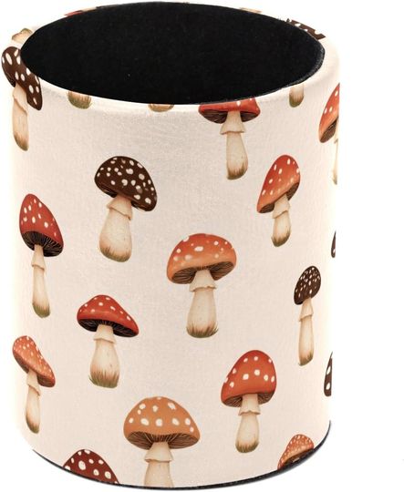 Discover Leather Pen Holder for Desk, Mushroom Pattern Pencil Holder
