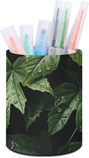 Discover Green Leaves Pattern Pu Waterproof Pencil Holder For Desk Organizer