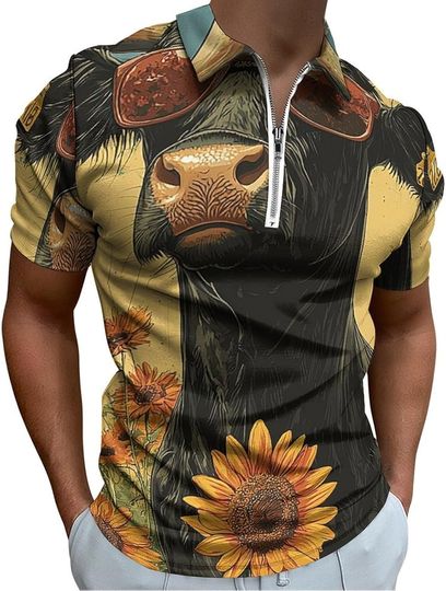 Discover Cow Sunflower Zip Polo Shirts