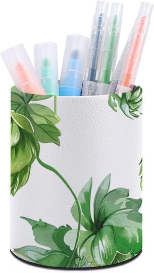 Discover Green Style Pattern Pencil Holder for Desk, Round PU Leather Pen Holder, Minimalist Desk Organizer for Office, Home, Gift