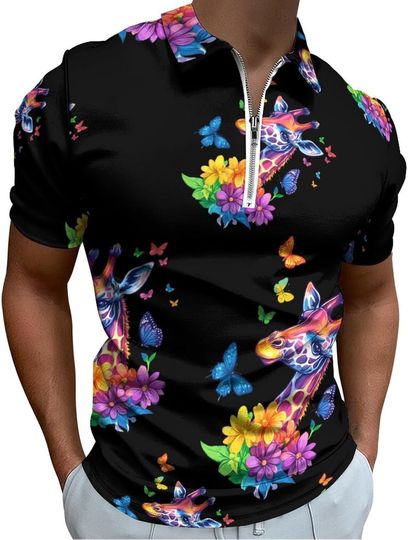 Discover Giraffe Graffiti Flower Zip Polo Shirts