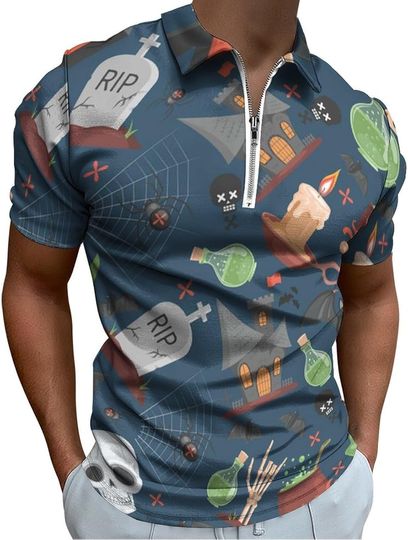 Discover Halloween Skull Witch Pumpkin Zip Polo Shirts