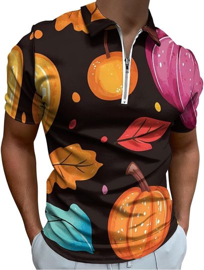 Discover Thanksgiving Colorful Pumpkins Casual Polo Shirts for Men Zipped Golf Short Sleeve Sports Outdoor Top