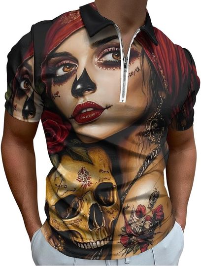 Discover Day of Dead Woman Skull Men's Zip Polo Shirts