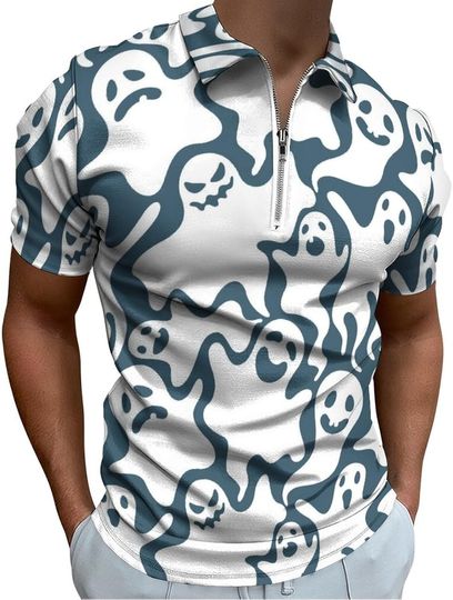 Discover Spooky Ghosts for Halloween Men's Zipper Polo Shirt