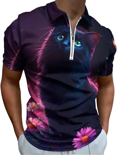 Discover Black Cat Daisy Butterflies Mens Zip Up Polo Shirts Short Sleeve Slim Fit T-Shirt Tee Top
