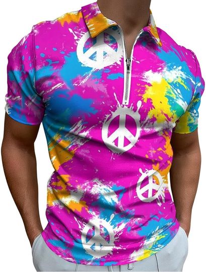 Discover Tie-dye Peace Men's Polo Shirts Quarter Zip Collared Short Sleeve Tee Top Casual Golf Shirt