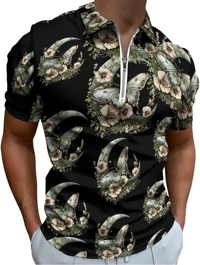 Discover Moth Moon Flowers Men's Casual Polo Shirt Zippered T-Shirts Short Sleeve Classic Fit Tee Polo Top