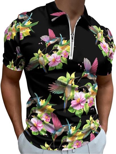 Discover Hummingbirds Flowers Zip Polo Shirts