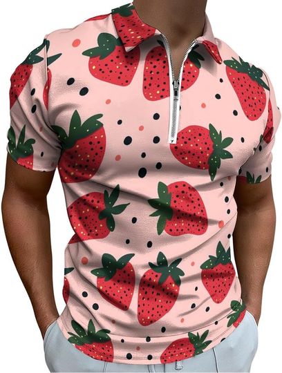Discover Strawberry Pattern Zip Polo Shirts