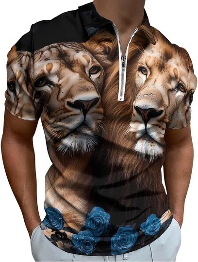 Discover Lion Blue Rose Zip Polo Shirts