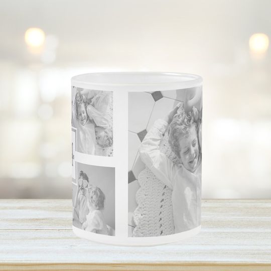 Discover Trendy Collage Family Photo Black & White Initial Frosted Glass Coffee Mug