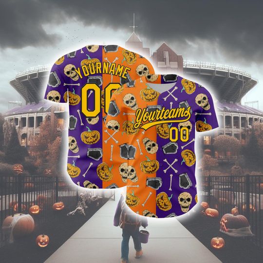 Discover Personalized Halloween Horror Baseball Jersey, Custom Purple Yellow Bay Orange-black 3d Pattern Halloween Skull  Baseball Jersey